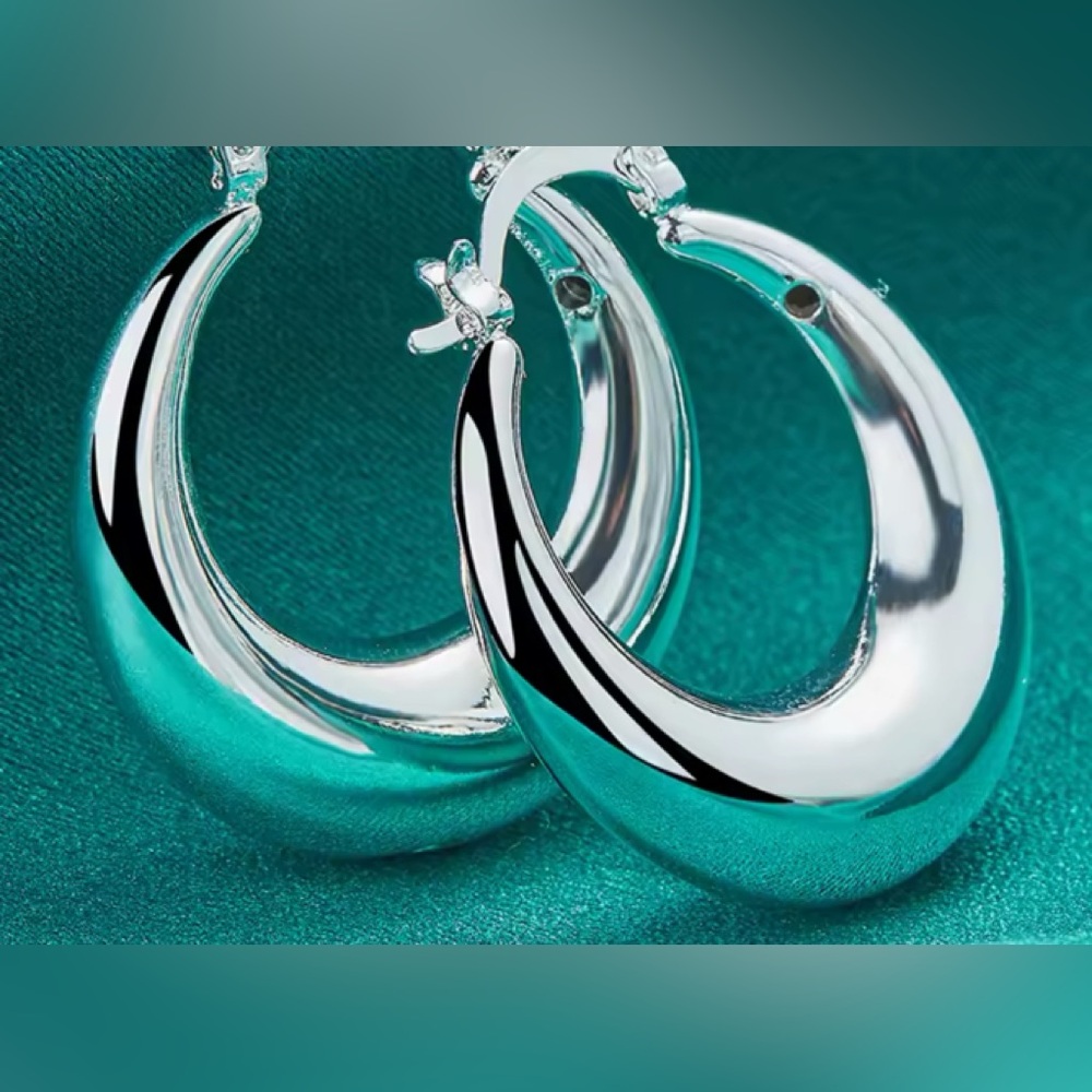 925 Sterling Silver Round thick chunky Classic Hoop earrings 1” - Picture 2 of 4
